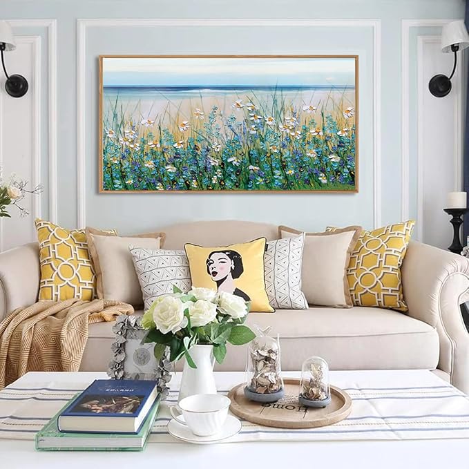 Large Blue Seaside Cyan Floral Wall Paintings Wildflowers Blossom Art Prints Framed Blue Flowers Artwork Floral Wall Art Wildflower Wall Pictures for Living Room Bedroom 20x40 Inch
