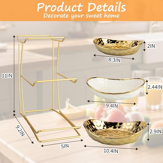 3 Tier Ceramic Fruit Bowl for Kitchen Counter with Metal Rack, Fruit Basket with Stand, Porcelain Bowls for Vegetable Bread Candy Snack Nuts Dessert Cake Tray (Gold 3 Layer)