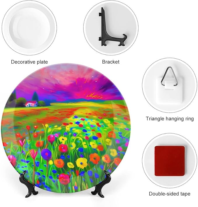 Decorative Plates, A Vibrant Wildflower Field Display Plate for Home Office Kitchen Table Decor Porcelain Plates 8 Inch, Birthday Gifts