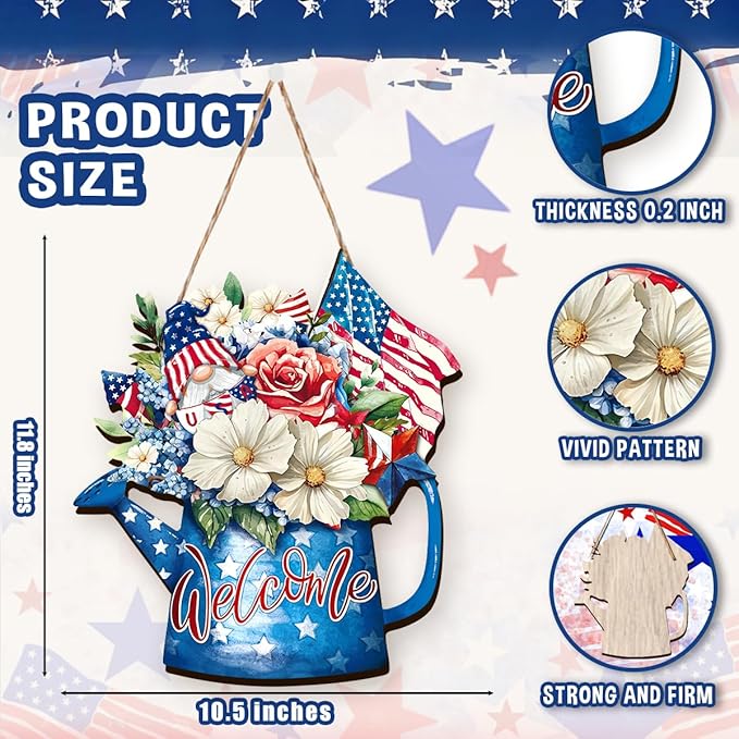 Wooden 4th of July Decorations Patriotic Wreath Independence Day Decorations Front Door with Star Sign Welcome Memorial Day Hanging for Home Wall Decor Outdoor Indoor Red White and Blue Wreath 3