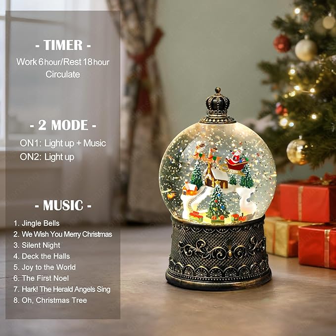 Snow Globe Christmas Decorations for Home Auto Snowfall Glitter Music Collection Santa Reindeer Train Snowy Village Scene with 6H Timer USB/Battery Powered 105mm Globe
