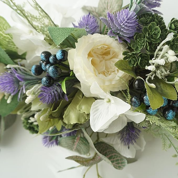 28in Artificial Rose Hydrangea Swag for Lintel,Faux White Penoy Swag Wedding Arch Flowers with Eucalyptus Leaves Blueberry,Rustic Floral Swag for Home Room Garden Front Door Party Decor