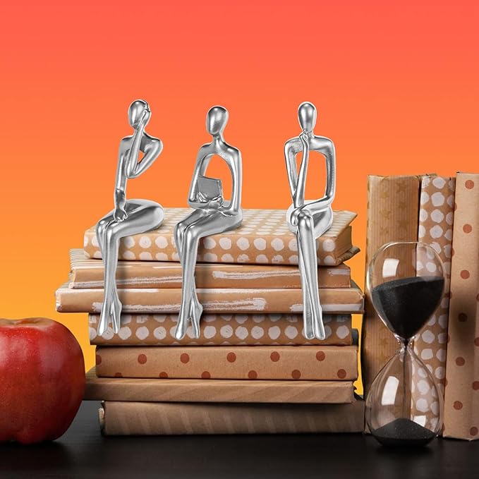BMLCGJ Thinker Statue Gold Decor Abstract Art Sculpture, Golden Resin Collectible Figurines for Home Living Room Office Shelf Decoration,Great Gifts Ideas (Sitting Posture-Silvery)