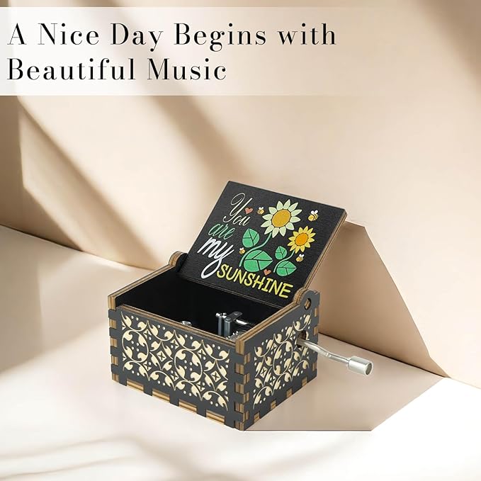 You are My Sunshine Music Box Cute Hand Crank Vintage Wood Engraved Music Boxes, Musical Gifts for Wife Mother Boyfriend Girlfriend Friend Birthday Christmas Anniversary Valentine's Day Mothers Day