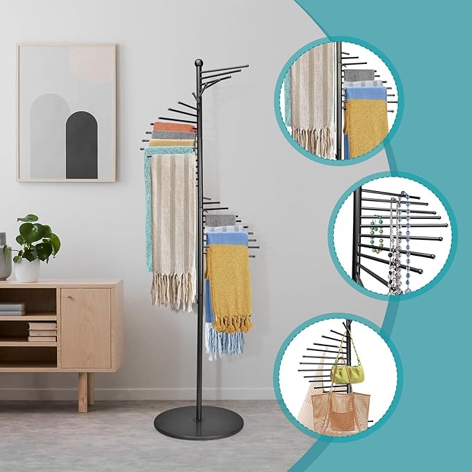 Metal Scarf Rack, Freestanding Spiral Scarf Holder Commercial Hijab Organizer Belt Pants Hanger with 30 Rods for Clothing Store Home, Space Saving Shelves (Color: Black, Size: 17''x67'')