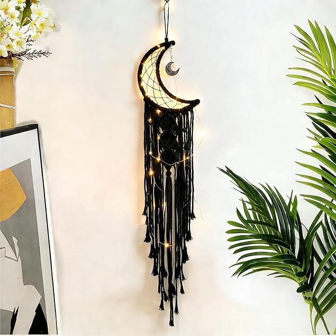 Dream Catcher with LED String Lights Handmade Boho Macrame Wall Hanging Woven Decoration Ornament with Photo Clips for Room Wedding Home Decor (Black Moon)
