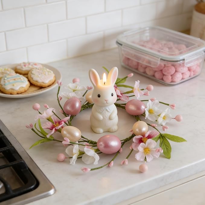 8 PCS Small Easter Wreaths for Kitchen Cabinet Mini Artificial Easter Egg Flower Wreath for Front Door Spring Summer Hanging Wreath with Pink Ribbon Berry for Home Porch Wall Window Farmhouse Decor