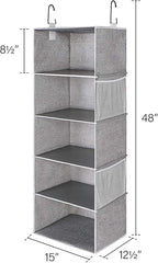StorageWorks 5-Shelf Hanging Shelves for Closet, Foldable Hanging Closet Organizers with 2 Side Pockets, Portable Clothes Organizers for Bedroom, Wardrobe, 12 1⁄2" D x 15" W x 48" H, Gray