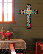 Putuo Decor Floral Cross Wall Decor Hand Painted Decorative Wooden Inspirational Cross Spanish Style Wall Cross Decor Mexican Art Wall Decor Crucifix for Home Room Church Decoration