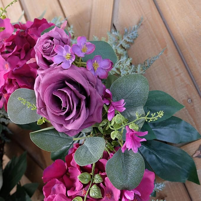Artificial Purple Rose Wreaths 20 inches Front Door Wreath with Hydrangea Green Leaves Artificial Spring Wreaths Valentines Mother's Day Wreath for Wall Wedding Party Home Decor (Purple)