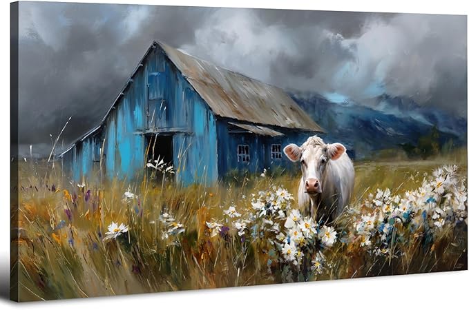 AIYISU Farmhouse Cow Wall Art Rustic Barn Landscape Pictures Wall Decor Blue Barn Wildflower Field Canvas Prints Country Farm Animal Artwork for Living Room Dining Room Bedroom Home Decoration 24x48