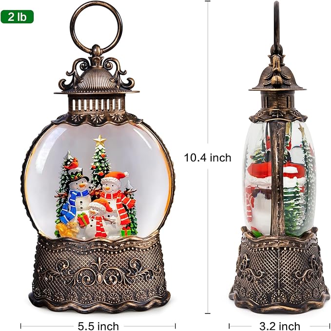 Christmas Snow Globes Lantern with Music, Snowman Snow Globes with Swirling Glitter Effects, USB/Battery Powered with 6-Hour Timer, Christmas Decorations