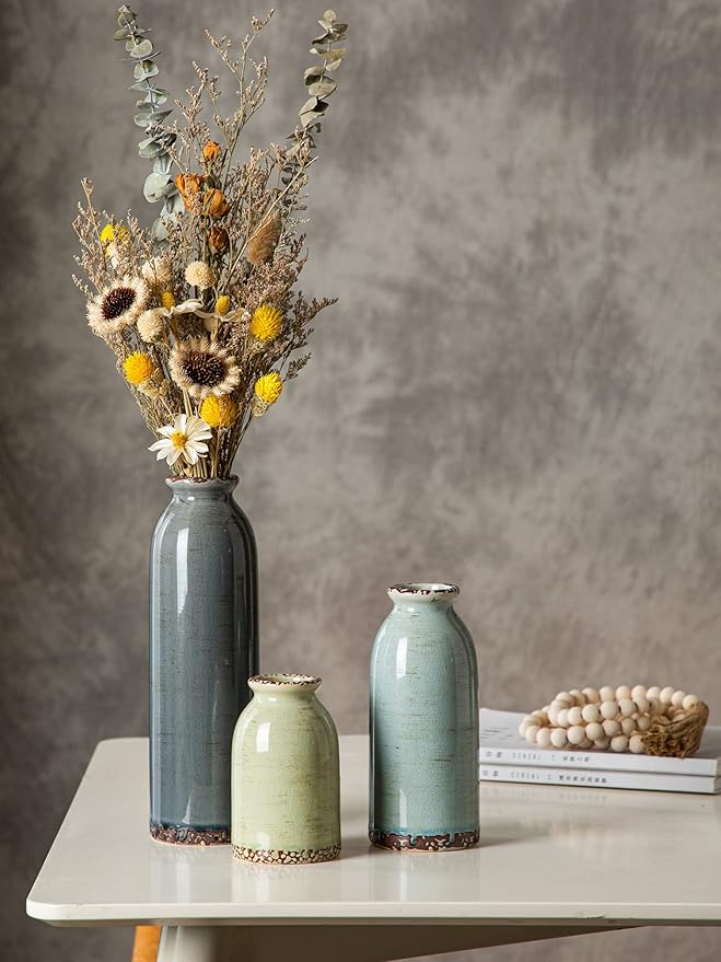 CWLWGO-Ceramic Flower Vase Set of 3, Pottery Decorative Vases for Modern Farmhouse, Living Room Kitchen Table Centerpieces, Idea Bookshelf Mantel and Entrance Decor - Multicolor