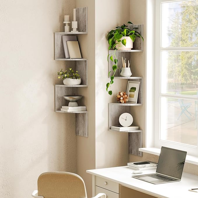 HOOBRO Corner Shelf Wall-Mounted, Set of 2 Floating Corner Shelves for Wall, 4-Tier Corner Bookshelves for Wall Decor in Living Room, Bedroom, Bathroom, Home Office, Greige BG25BJP201