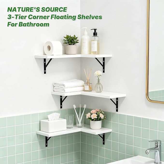 NATURE'S SOURCE Corner Floating Shelves Set of 3, Corner Shelves Wall Mounted, for Bedroom Kitchen Living Room Bathroom Office- Gothic Style (White, Set of 3)