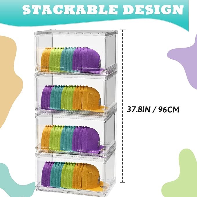 4 Pack Large Hat Organizer Box, Stackable Clear Baseball Caps Holder Box Containers with Sliding Door for Hats Snapback Cap Storag, Hat Rack Display Case, Holds 20 Hats Each -Clear