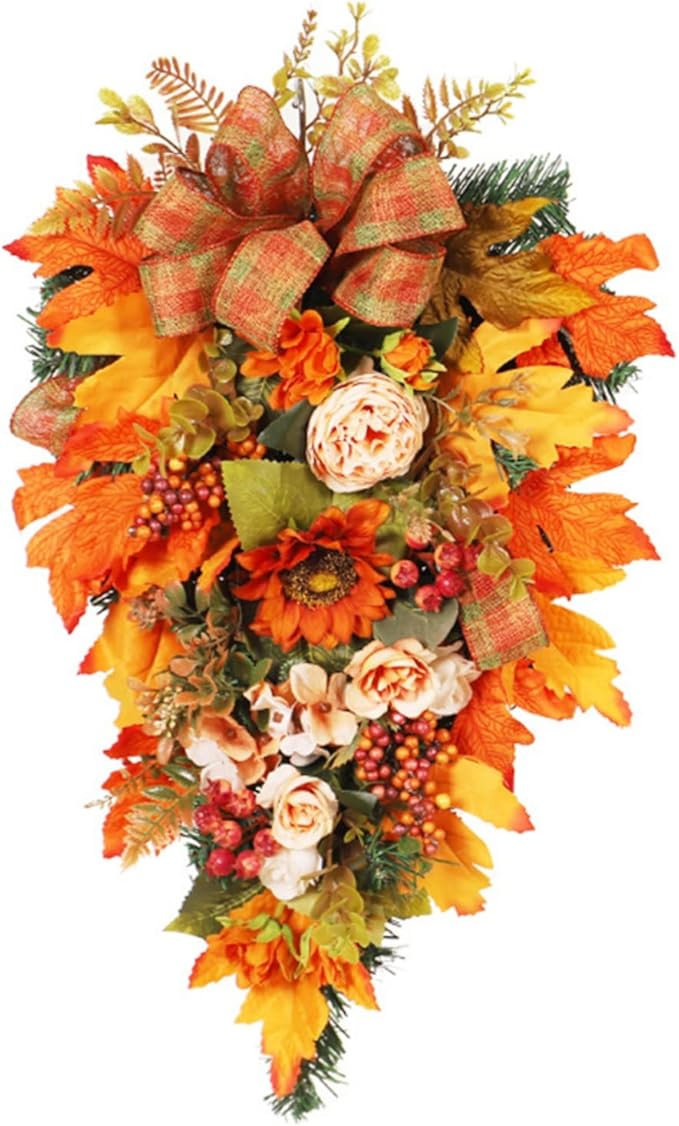 Ochine Fall Harvest Swag for Front Door, Artificial Fall Swag Fall Wreath Artificial Fall Harvest Teardrop Swag Decorative Swags for Thanksgiving Harvest Autumn Fall Decor Halloween Decorations