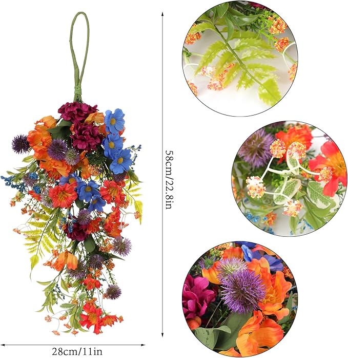 Wnvivi 2 Packs Artificial Flower Teardrop Swags, 25 Inch Decorative Swag with Colorful Daisy and Forsythia Flower and Green Leaves Floral Teardrop Swags for Front Door Wedding Wall Decor