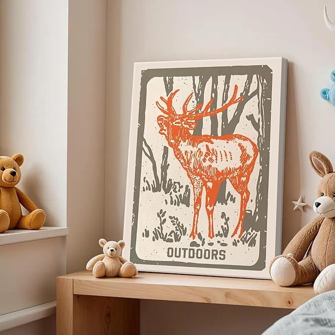 Framed Forest Deer Bear Canvas Wall Art Set of 2, Nursery Wildlife Animal Pictures Wall Decor, Outdoor Nature Woodland Hunting Paintings Prints Farmhouse Home Decor for Kid's Room Bedroom 16x24 inch