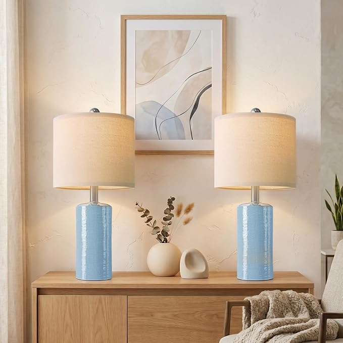 G-SAFAVA 20.5" Small Table Lamps for Living Room Lamp Set of 2 Ceramic Lamps for Bedroom Bedside Lamps Modern Boho Lamps for Night Stands Farmhouse Nightstand Lamp Side End Table Lamp, Light Blue