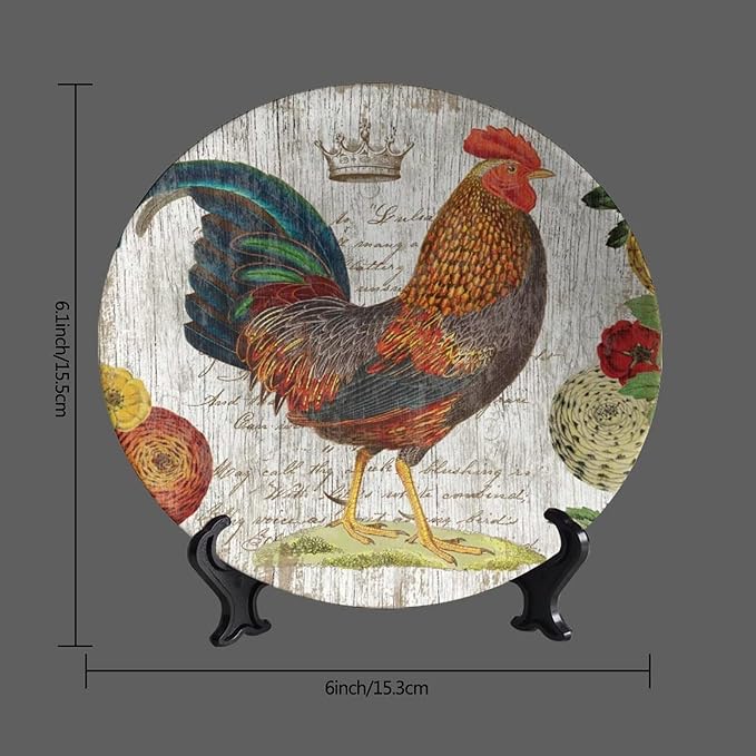 Rooster Decorative Plate Holder, 6 Inch, Crown Chicken In Flowers Round Display Plate, Home Wobble-Plate with Display Stand, for Kitchen Living Room Office Countertop Decor