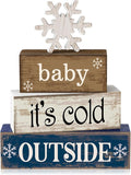 Moucuny 4 Pcs Christmas Table Decoration Winter Wooden Stacked Block, Baby It's Cold Outside Signs with Snowflake Topper, Rustic Christmas Tiered Tray Decor Snowflake Decor for Home Office Shelf