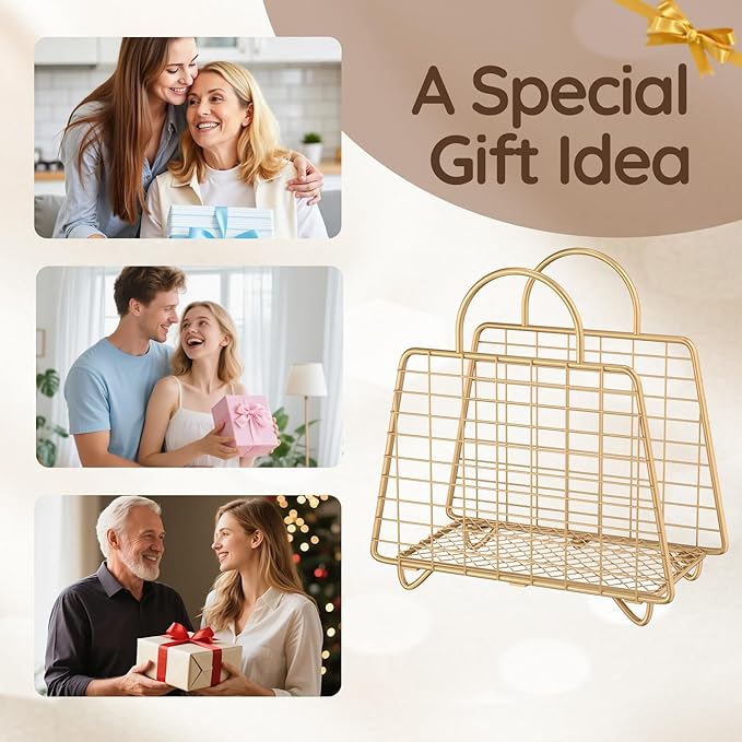 Gold Magazine Holder,Modern Magazine Rack Floor,Metal Wire Magazine Basket,Handbag Design Magazine Storage Organizer for Magazines File Book Newspaper Vinyl Record Albums