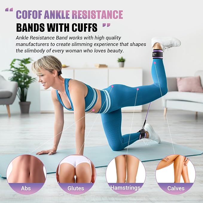 Ankle Resistance Bands with Cuffs, Ankle Bands for Working Out, Kickbacks Hip, Leg Glute Exercise Equipment with Training Poster, Resistance Workout Equipment for Women