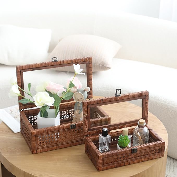 DECOR4SEASON Rattan and Cane Stacking Boxes with Glass Top Lid - Set of 2 11.8" and 14.1", for Boho and Rustic Farmhouse Decor, Brown