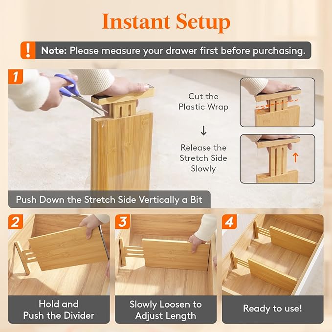 Lifewit 6" High 8 Pack Bamboo Drawer Dividers 33-42cm/13-16.5" Adjustable Wooden Drawer Organizer for Clothes/Utensils, Expandable Drawer Separator for Dresser/Kitchen/Bedroom/Office Organization