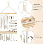 Mkono Hanging Jewelry Organizer Wall Mounted Earring Holder Metal Necklace Holder Wood Shelf with 55 Holes and 7 Hooks Display Rack For Storage Bracelet Rings Ear Studs Accessories Women Bedroom Decor