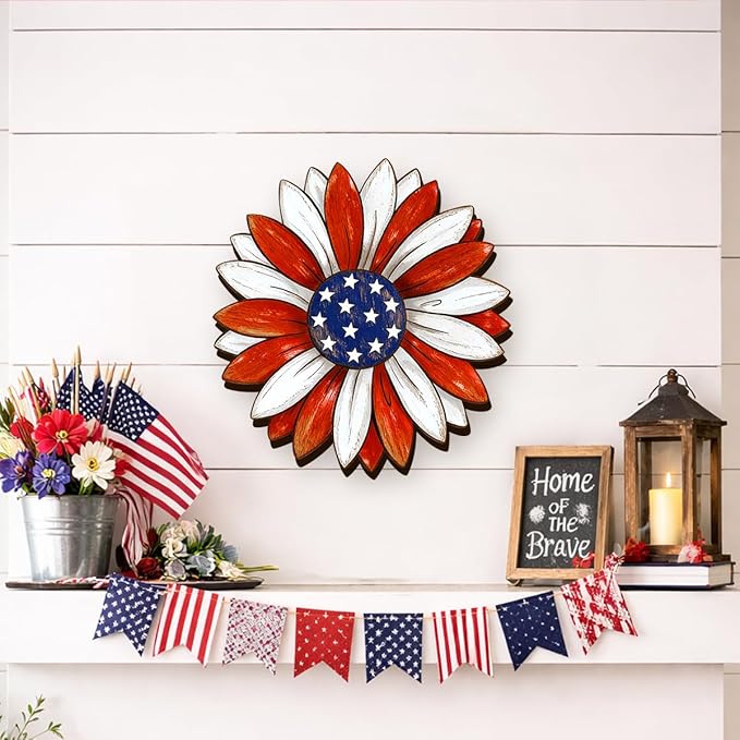 Wooden 4th of July Decorations Patriotic Wreaths for Front Door Independence Day Decorations Star Sign Welcome Memorial Day Hanging for Home Wall Decor Outdoor Indoor Red White and Blue Wreath 4