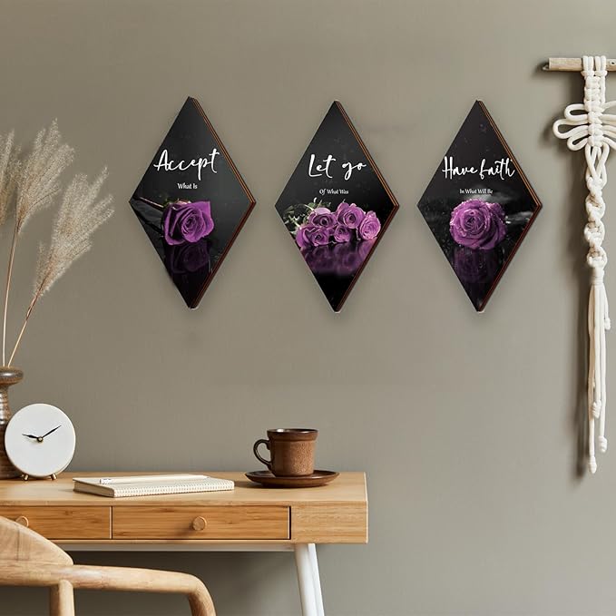 ZINYAZHE 3 Pcs Purple Wall Decor Inspirational Rose Bathroom Decor Wooden Purple Wall Art Office Wall Decor with Accept Let Go Have Faith Sign for Girl Women Living Room Bedroom(12 x 7 Inch)
