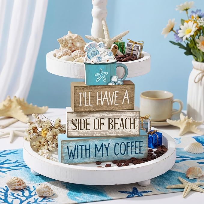 Lineshading 4 Pcs Summer Table Decorations Beach Coffee Bar Wooden Block Sign Blue Rustic Coastal Tiered Tray Decor with Coffee Cup Summer Centerpieces Decor for Beach Nautical Party Office Home