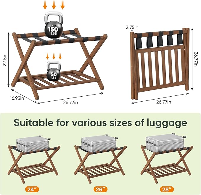 Set of 2 Fully Assembled 26.77" Dark Walnut Luggage Racks with Foldable Shoe Shelf, 5 Heavy-Duty Straps Bamboo Suitcase Stand, Luagge Holders for Guest Room Bedroom, Hotel
