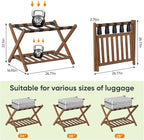 Set of 2 Fully Assembled 26.77" Dark Walnut Luggage Racks with Foldable Shoe Shelf, 5 Heavy-Duty Straps Bamboo Suitcase Stand, Luagge Holders for Guest Room Bedroom, Hotel