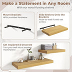 24 Inch Floating Shelves for Wall Set of 2, 12"D Wood Grain Bathroom Shelves with Invisible Brackets, Easy Install Engineered Wood Storage Shelves for Kitchen, Living Room, Bedroom, Oak Finish