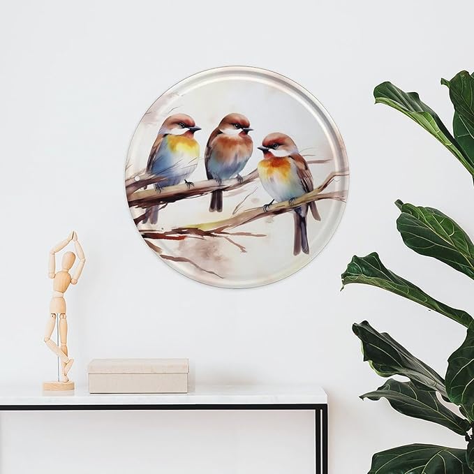 Wall Picture, with Birds Resting on Tree Branch Printed Circular Iron Hanging Picture,Wall Art Decor,Home for Bedroom Living Room Bathroom Decor,Iron Painting 11.8X11.8 in