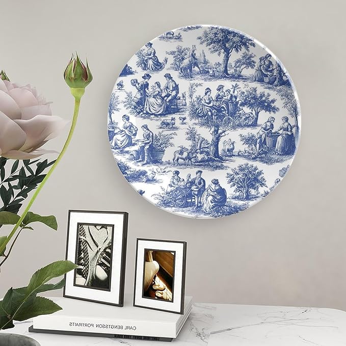 Navy Blue White Decorative Toile Print Decorative Plate of 6", 7", 9", 10", Customize Design Collector Plates, Kitchen Art Decoration Decorations Office, Unique Art with Stand