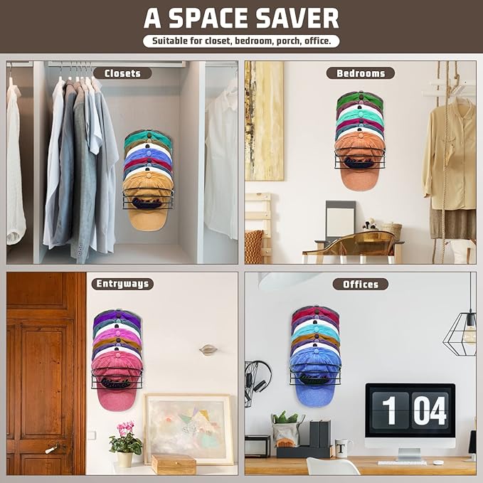 Hat Organizer for Baseball Caps, 2-Pack Black Metal Hat Rack for Wall Door, Adhesive/Wall Mounted Hat Storage Holder Small Closet Organizers and Storage Solution Ideas