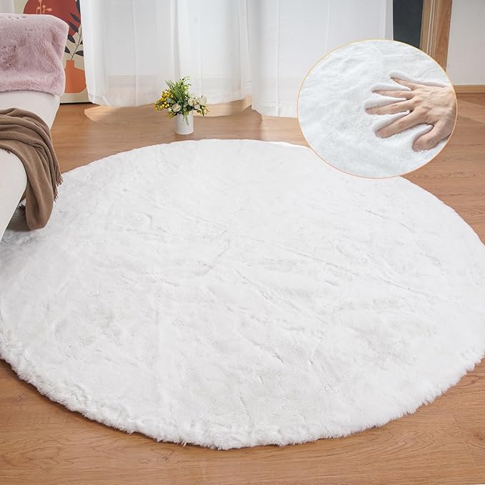White Round Shag Rugs 6ft Faux Rabbit Washable Fur Area Rugs for Living Room Circle Fluffy Rugs for Bedroom Boho Rug Home Room Décor