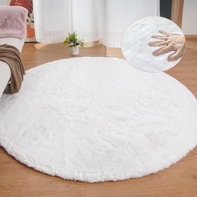 White Shag Round Rugs 8ft for Dining Room Table Faux Bunny Machine Washable Fur Area Rugs for Bedroom Living Room Nursery Circle Rug