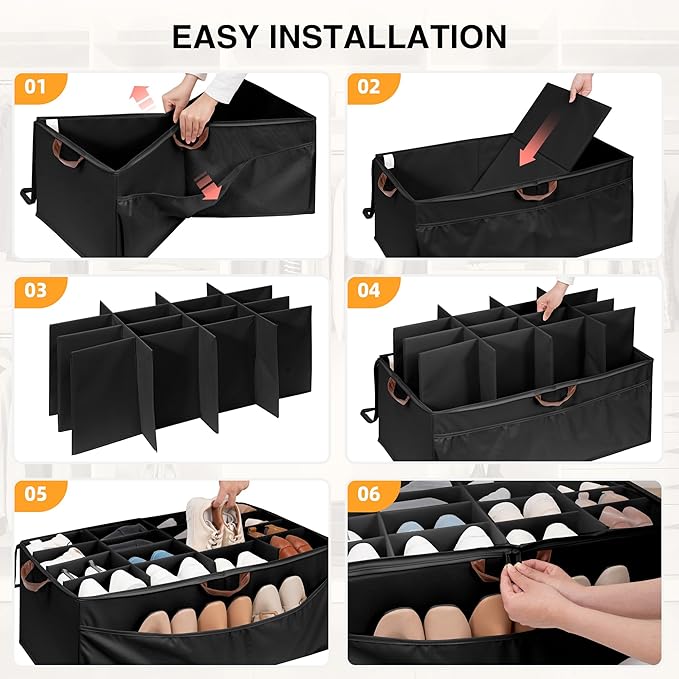 STO STO Shoe Organizer for Closet, Fits Up to 16 Pairs, XL Shoe Box Containers with Adjustable Dividers, Clear Cover Shoe Storage Bins, Stackable Space Saving Shoes Holder for Shoes and Boots, Black