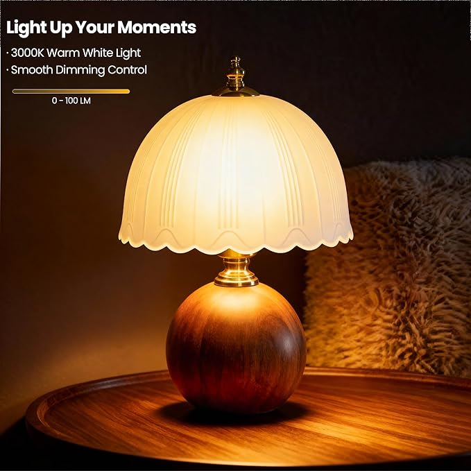 11.8“ Decorative Wooden Table Lamp with Frosted Glass Shade, Dimmable Bedside Nightstand Lamp with E26 Socket & 6ft Cord, Small Accent Lamp for Bedroom & Living Room (White)