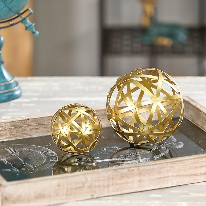 Gold Decorative Sphere, Metal Coffee Table Decor Sculpture, Modern Home Decor Accent for Tabletop, Centerpiece, Shelf Display- Elegant Metal Sphere Decor with Luxury Golden Finish