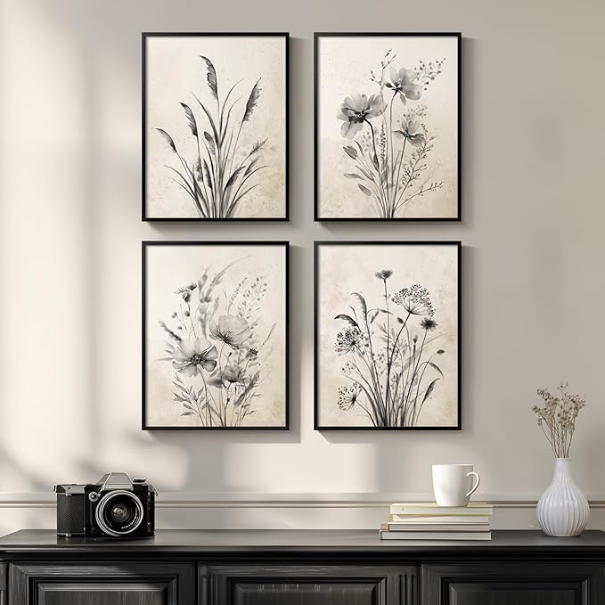 Framed Boho Vintage Botanical Wall Art, 4 Piece Black and White Floral Canvas Prints for Modern Farmhouse Bathroom, Natural Rustic Flower Artwork for Bedroom Kitchen Hallway Wall Decor, 11x14
