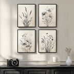 Framed Boho Vintage Botanical Wall Art, 4 Piece Black and White Floral Canvas Prints for Modern Farmhouse Bathroom, Natural Rustic Flower Artwork for Bedroom Kitchen Hallway Wall Decor, 11x14
