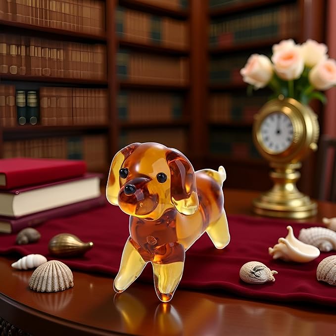 Brown Mini Dog Art Blown Glass, Crystal Cute Dog Figurine, Glass Ornament Statue Animal Collectible, Blown Art Pet Animal Collectible Figures Home Décor Accents