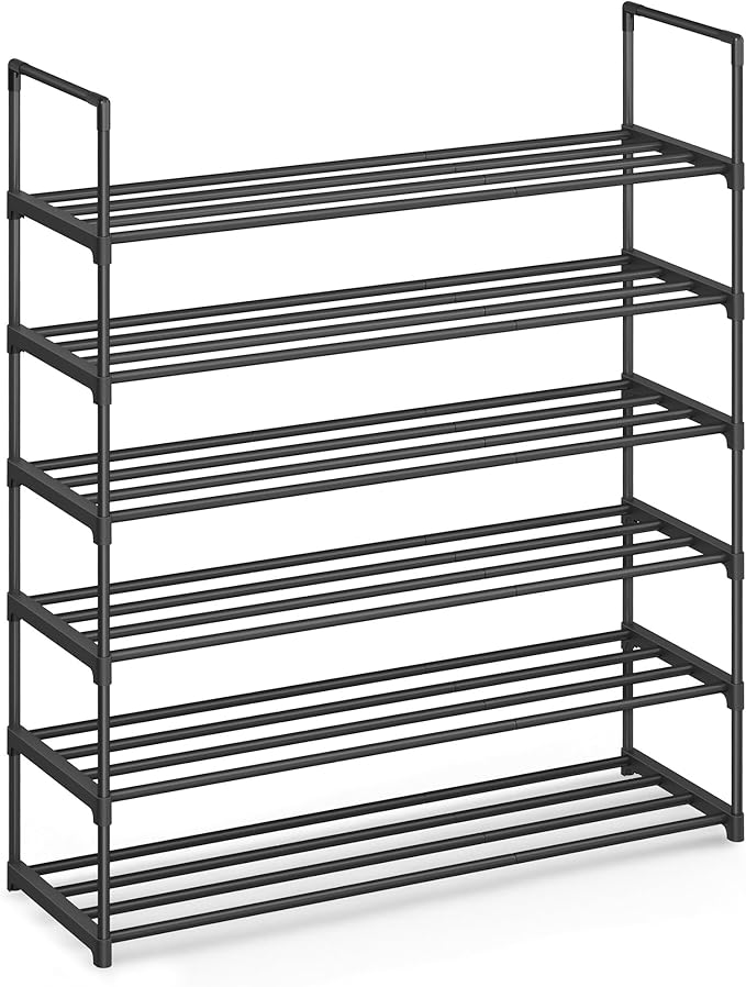 SONGMICS Shoe Rack, 6-Tier Shoe Organizer, Metal Storage Shelf, Upright or Upside Down, for 24-30 Pairs, Stackable, for Entryway, 11.8 x 36.2 x 42.7 Inches, Black ULSA306BH01