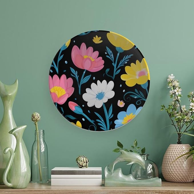 Flowers Theme Decorative Ceramic Plate Round Porcelain Plate,7 inch,Nature Pattern,for Decorative Ornaments Giving Plates,1 Plate with 1 Display Stand,Pink Yellow
